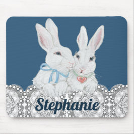 Personlig Bunny Rabbit Blue och White Snöre Cute Musmatta
