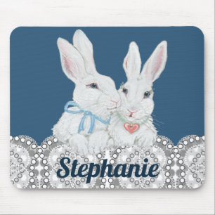 Personlig Bunny Rabbit Blue och White Snöre Cute Musmatta