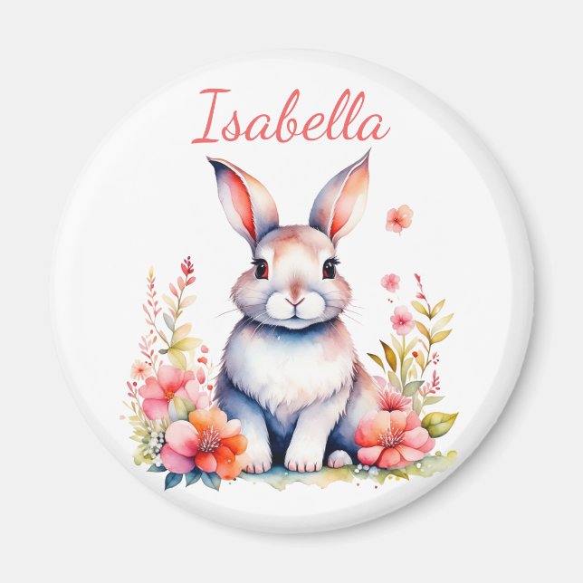 Personlig Bunny Rabbit i Rosa Flowers Magnet (Framsidan)