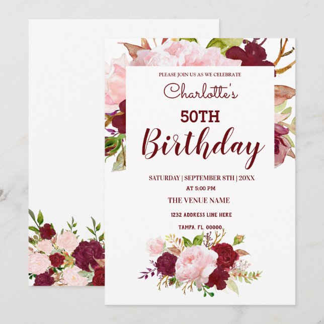 Personlig Burgundy Blommigt Birthday Inbjudningar (Fram/baksida)