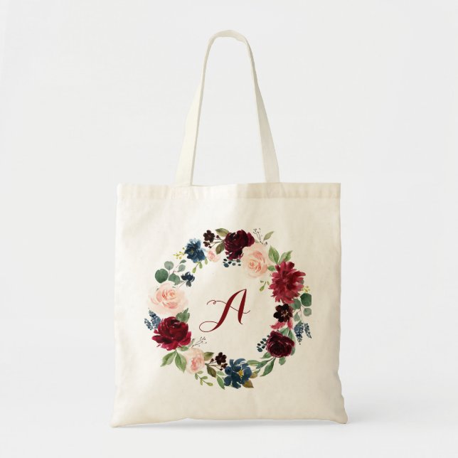 personlig Burgundy Blommigt Tote Bag Bridesmaid Tygkasse (Framsidan)