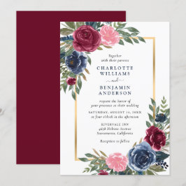 Personlig Burgundy Navy Blue Guld Blommigt Inbjudningar
