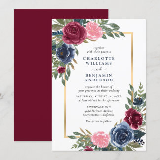 Personlig Burgundy Navy Blue Guld Blommigt Inbjudningar