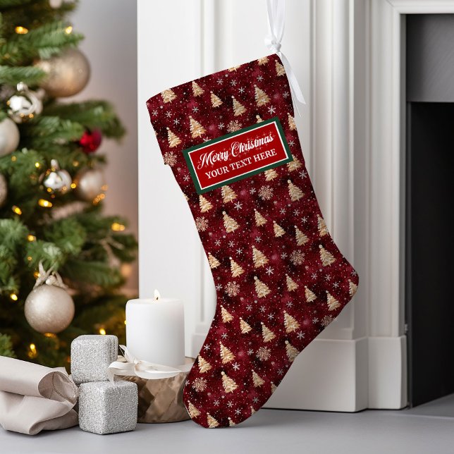 Personlig Burgundy och Guld Julgranar Stor Julstrumpa (Personalized Burgundy and Gold Christmas Trees Large Christmas Stocking)