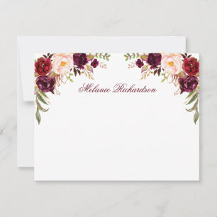 Personlig Burgundy Watercolor-Blommigt Anteckningskort