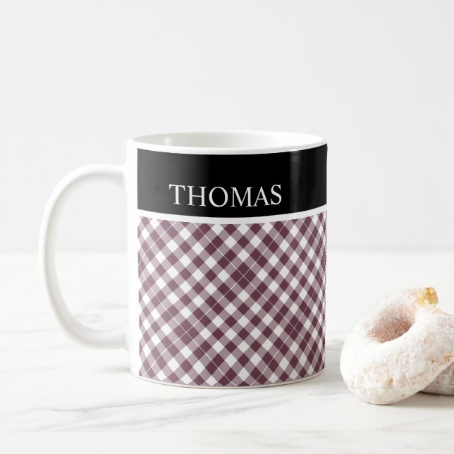 Personlig Burgundy White Gingham - eget namn Kaffemugg (Med munk)