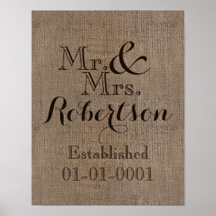 Personlig Burlap-look Rustic Bröllop Keepsak Poster
