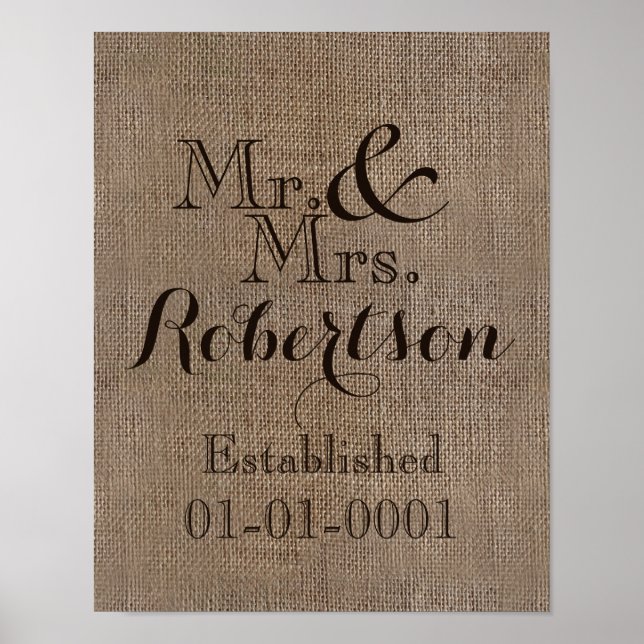 Personlig Burlap-look Rustic Bröllop Keepsak Poster (Framsidan)
