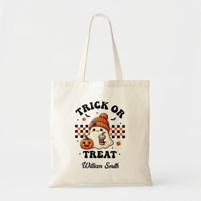 Personlig Bus eller godis Ghost Halloween Tygkasse (Framsidan)