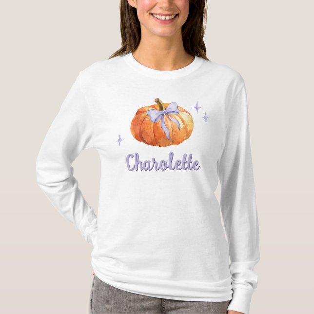 Personlig Bus eller godis Halloween Pumpkin Bow T Shirt (Framsida)