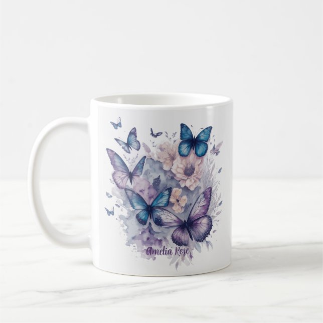 Personlig Butterflies Lila Namn Girl Kaffemugg (Vänster)