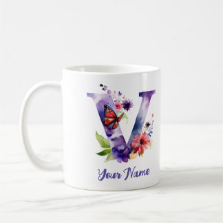 Personlig Butterfly and Flowers Brev ’V’ Kaffemugg