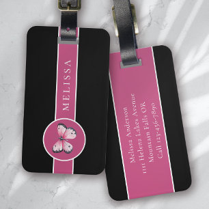 Personlig Butterfly Black Rosa White Bagagebricka