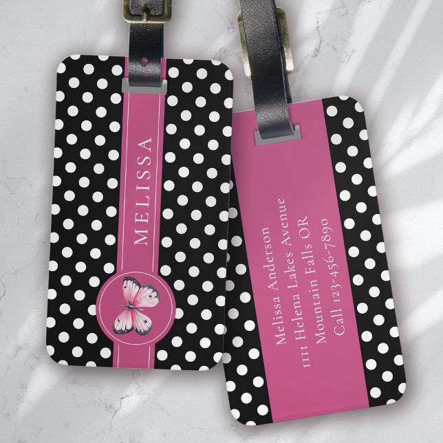 Personlig Butterfly Black Rosa White Polka dots Bagagebricka (Skapare uppladdad)