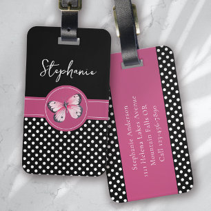 Personlig Butterfly Black Rosa White Polka dots Bagagebricka