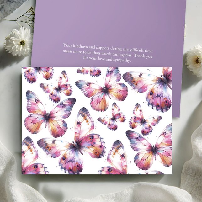 Personlig Butterfly Funeral Tack Cards Kort (Butterfly funeral thank you cards watercolor purple butterflies by Victoria Grigaliunas)