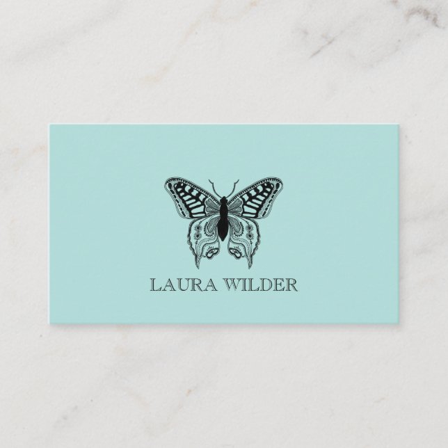 Personlig Butterfly Illustration på blå Grönt Visitkort (Framsida)