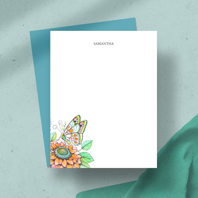 Personlig Butterfly och Blommigt Stationery Anteckningskort (Personalized butterfly note card watercolor art by Victoria Grigaliunas of Do Tell A Belle)