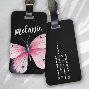 Personlig Butterfly Rosa Black Bagagebricka
