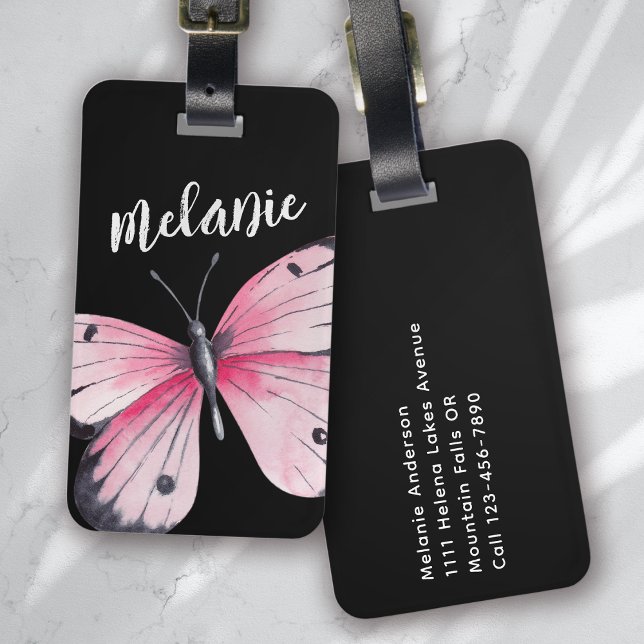 Personlig Butterfly Rosa Black Bagagebricka (Skapare uppladdad)
