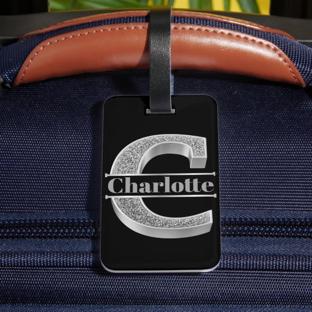 Personlig C Ditt namn är det första Silver-monogra Bagagebricka (Baksida Insitu 4)