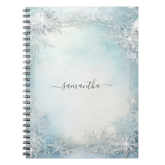 Personlig Calligraphy Blue White Snowflake Anteckningsbok (Framsidan)