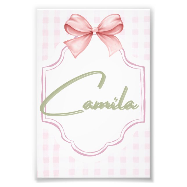 Personlig Camila Flicka Nursery Bow&Gingham Fototryck (Framsidan)