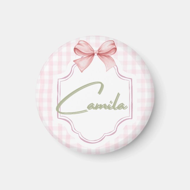 Personlig Camila Flicka Nursery Bow&Gingham Magnet (Framsidan)
