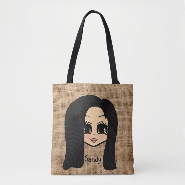 Personlig Caricature Jute Print Tote Black Hair Tygkasse (Framsida)