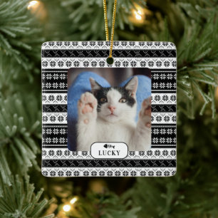 Personlig Cat Black Sticka Mönster Pet Photo Julgransprydnad Keramik
