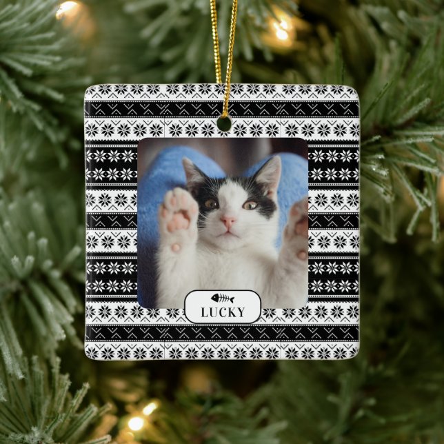 Personlig Cat Black Sticka Mönster Pet Photo Julgransprydnad Keramik (Träd)