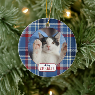 Personlig Cat Blue Pput Pet Photo Julgransprydnad Keramik