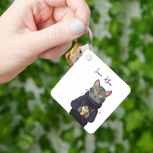 Personlig Cat Coola Black Cat med kaffe Nyckelring (Hand)