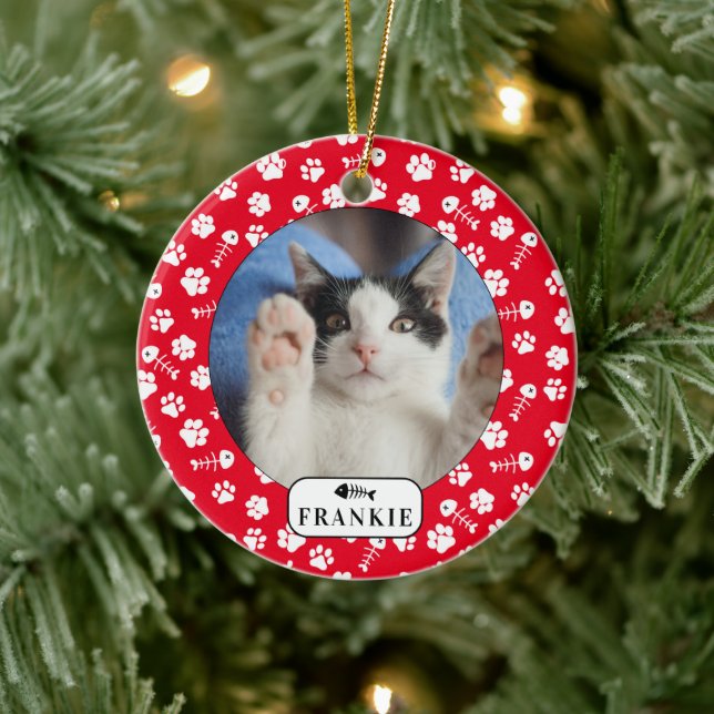 Personlig Cat Fish Bone & Pawprint Pet Photo Ce Julgransprydnad Keramik (Träd)