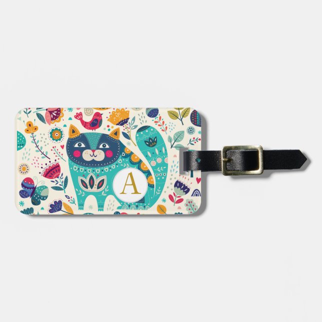 Personlig CAT Folk Art Decorative Birds Flowers Bagagebricka (Horisontell Framsida)