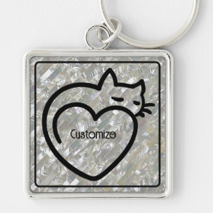 Personlig Cat Kärlek Black Logotyp Fyrkantig Silverfärgad Nyckelring