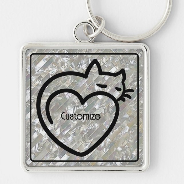 Personlig Cat Kärlek Black Logotyp Fyrkantig Silverfärgad Nyckelring (Framsidan)