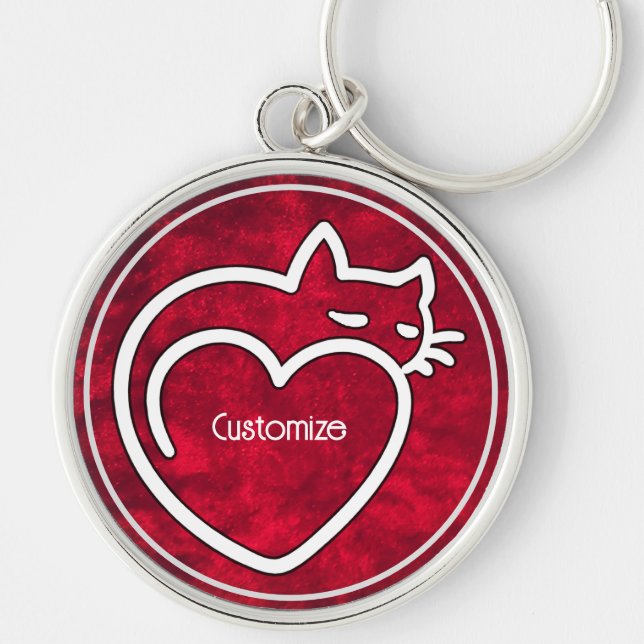Personlig Cat Kärlek Red White Logotyp Rund Silverfärgad Nyckelring (Framsidan)