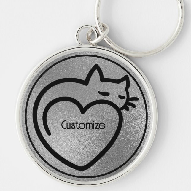 Personlig Cat Kärlek Silver Black Logotyp Rund Silverfärgad Nyckelring (Framsidan)