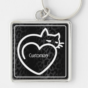 Personlig Cat Kärlek White Logotyp Fyrkantig Silverfärgad Nyckelring