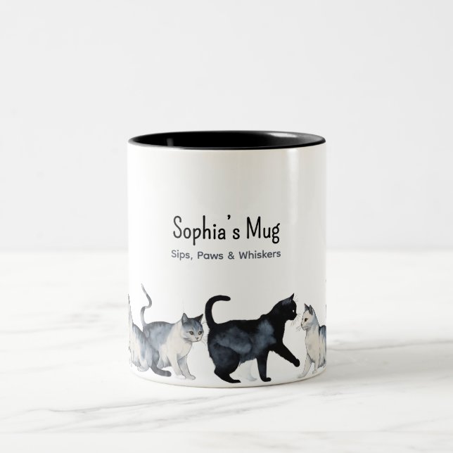 Personlig Cat Lover - Cute Black & Grått Cat Två-Tonad Mugg (Center)