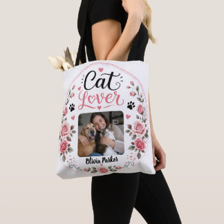 Personlig Cat Mom Foto T-Shirt med Anpassat Namn Tygkasse