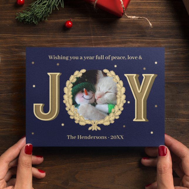 Personlig Cat Photo Blue Guld Joy jul Julkort (Personalized Cat Photo Blue Gold Joy Christmas Holiday Card
)