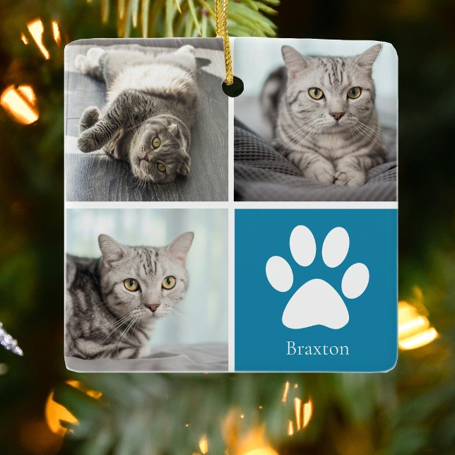 Personlig Cat Photo Collage Cute Blue-jul Julgransprydnad Keramik (Skapare uppladdad)