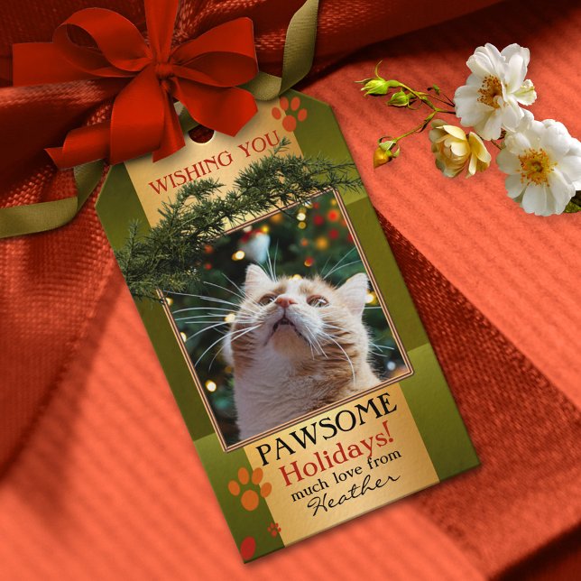 Personlig Cat Photo Glad helg Presentetikett (Christmas gift tag showing your photo framed by a classic gold and green design with cute cat paws)