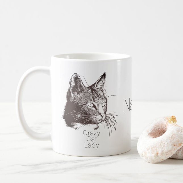 Personlig Cat Porträtt för Crazy Cat Dam C Kaffemugg (Med munk)