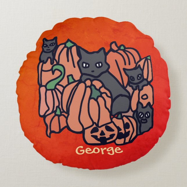 Personlig Cats and Pumpkins in Halloween Rund Kudde (Framsidan)