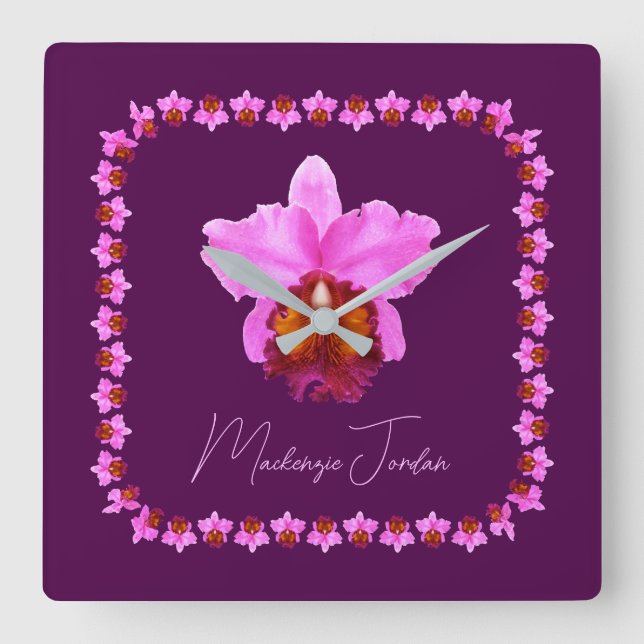Personlig Cattleya Orchid Motif-utskrift Fyrkantig Klocka (Framsida)
