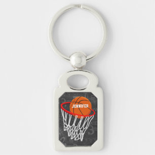 Personlig Chalkboard Basketball och Ring Rektangulärt Silverfärgad Nyckelring