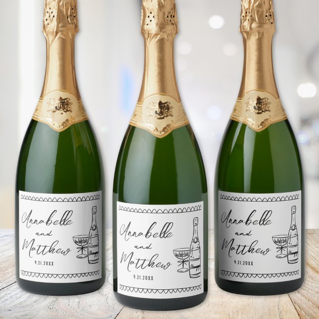 Personlig Champagne Handritad Bröllop (Personalized Champagne Hand Drawn Wedding Sparkling Wine Label)